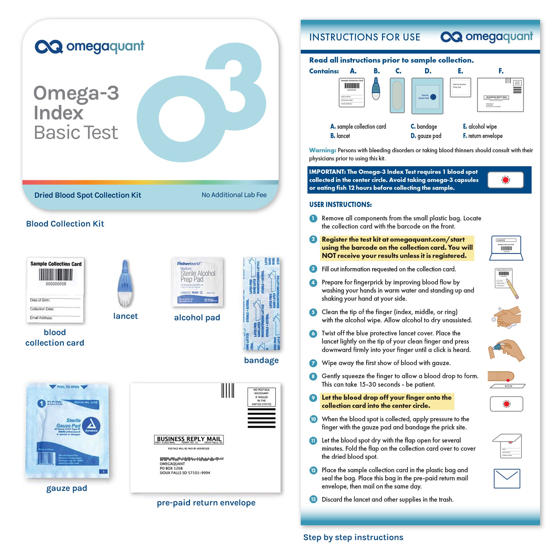 OmegaQuant Omega-3 Index Basic Test Kit - Includes blood Collection Ki ...