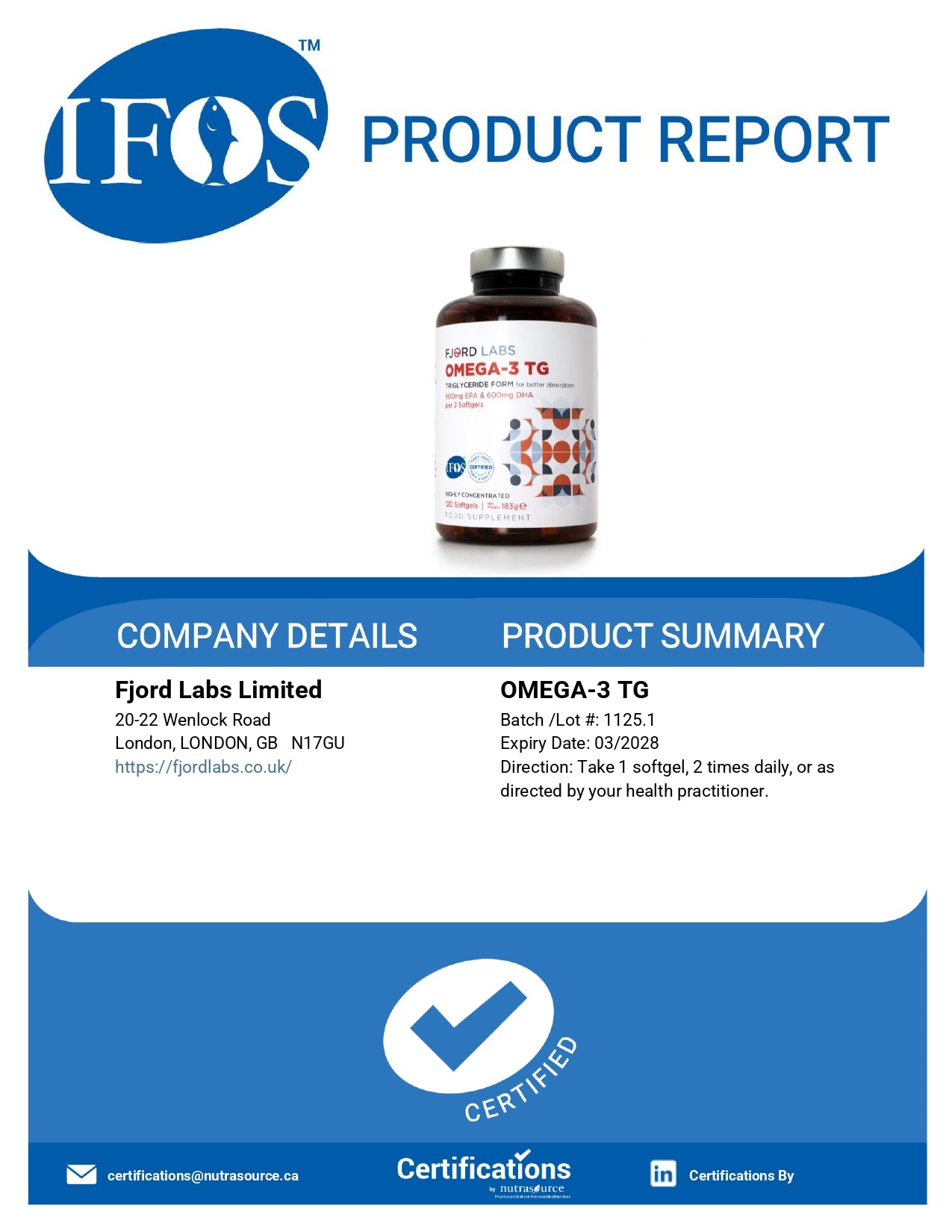 Omega-3 TG | Forma de triglicéridos | Certificado IFOS | 900 mg de EPA y 600 mg de DHA por 2 cápsulas | 120 cápsulas | [Solo entregas en UE y Reino Unido]